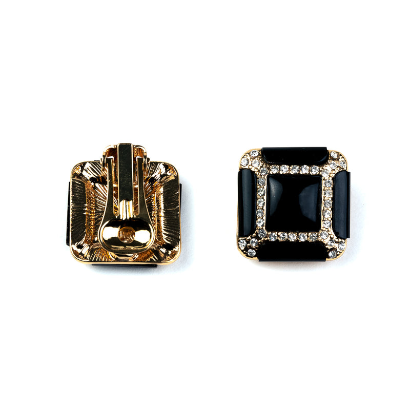 Gold and Rhinestone Black Square Clip Earrings