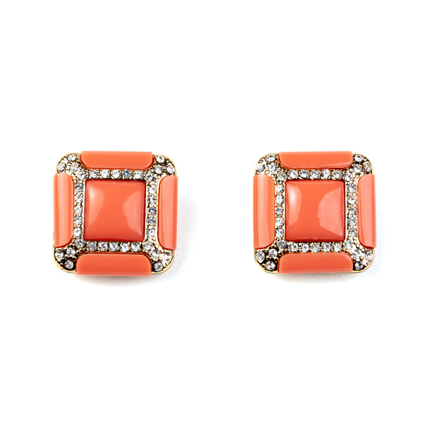 Gold and Rhinestone Coral Square Clip Earrings