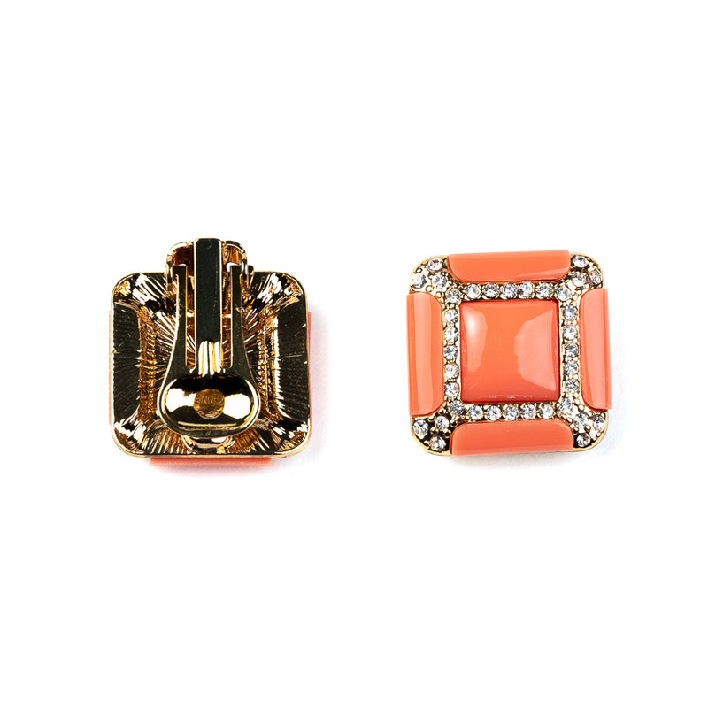 Gold and Rhinestone Coral Square Clip Earrings