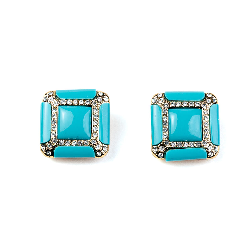Gold and Rhinestone Turquoise Square Clip Earrings