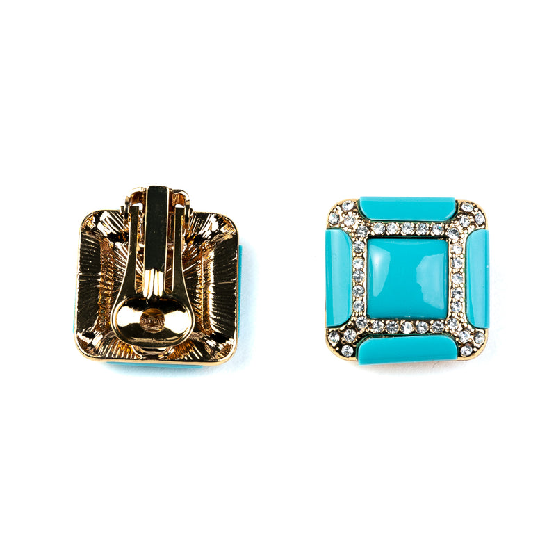 Gold and Rhinestone Turquoise Square Clip Earrings