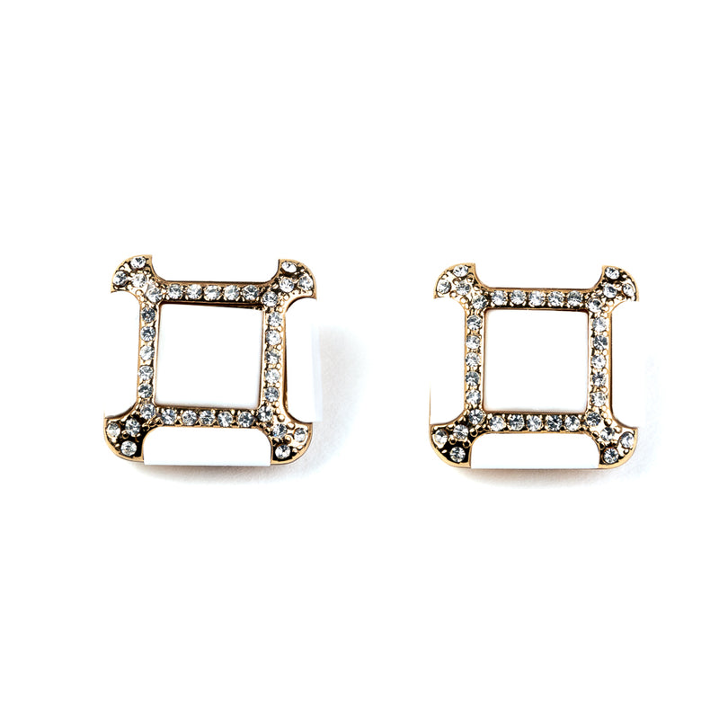 Gold and Rhinestone White Square Clip Earrings