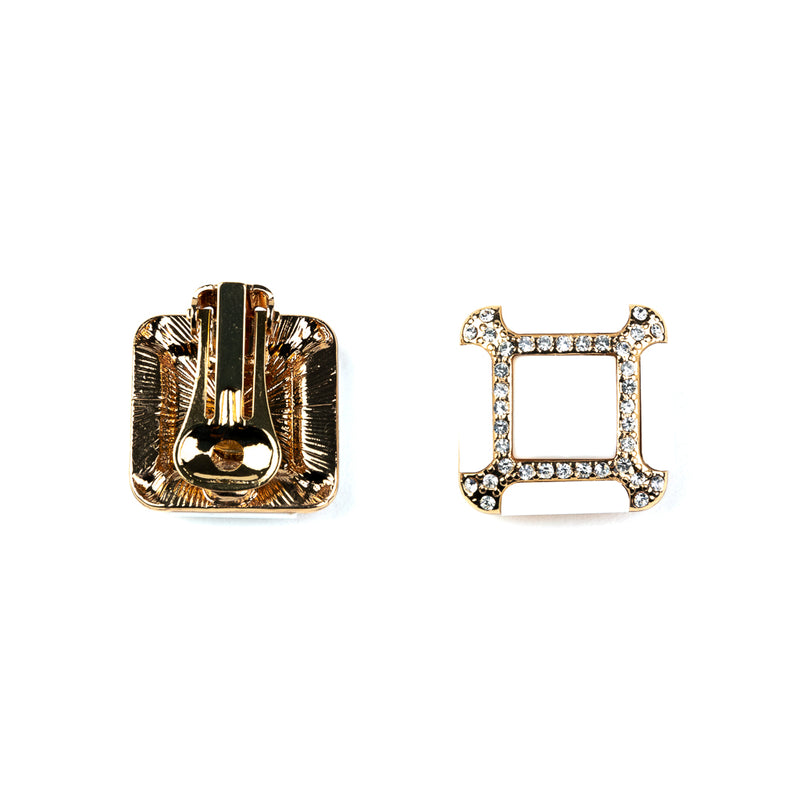 Gold and Rhinestone White Square Clip Earrings
