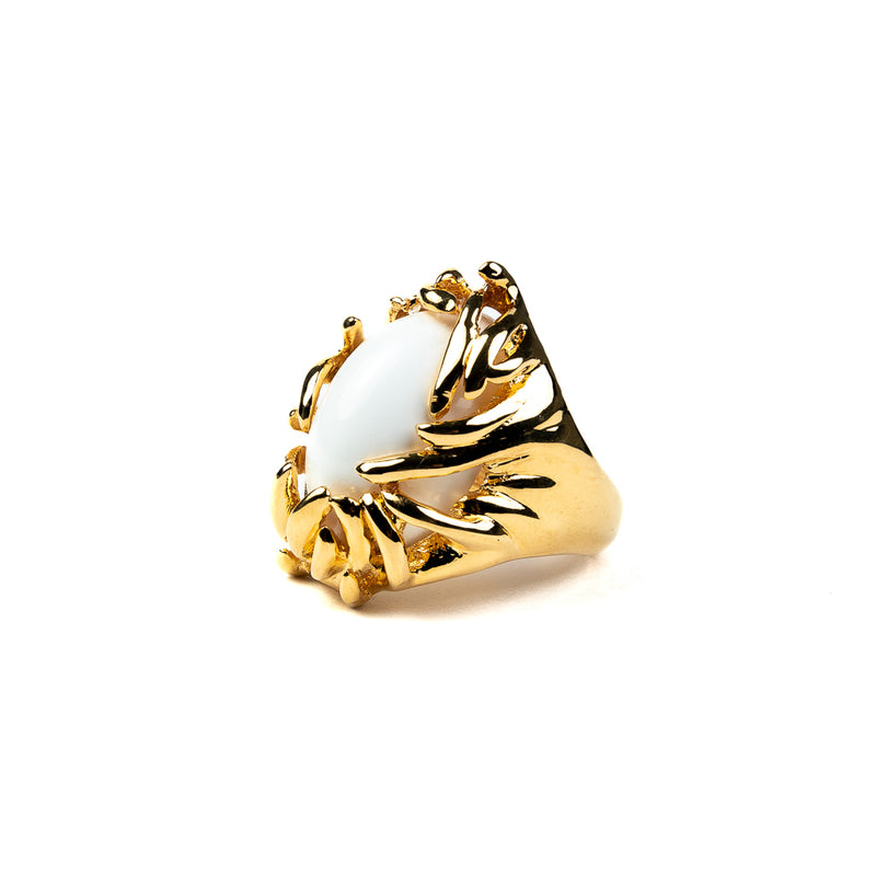 Polished Gold Branch with White Cabochon Ring