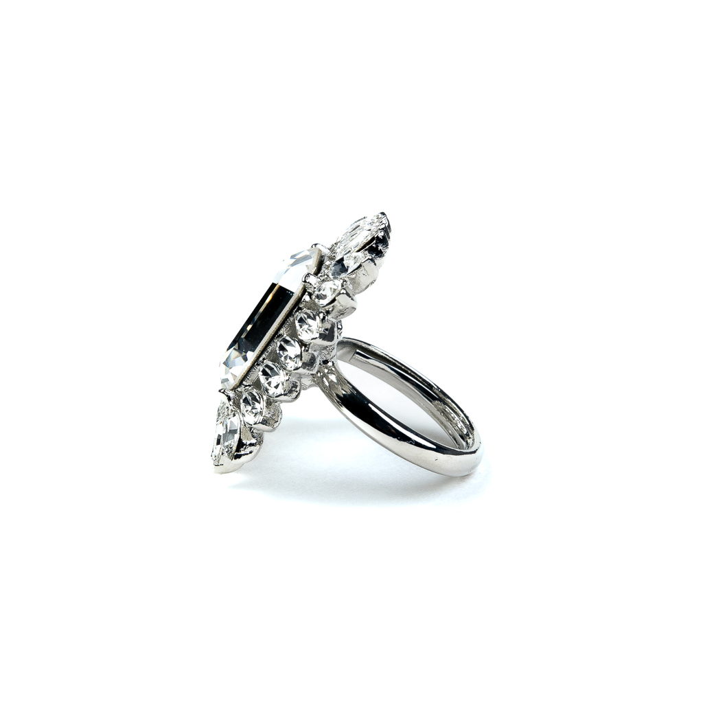 Rhodium and Rhinestone Ring with Crystal Center