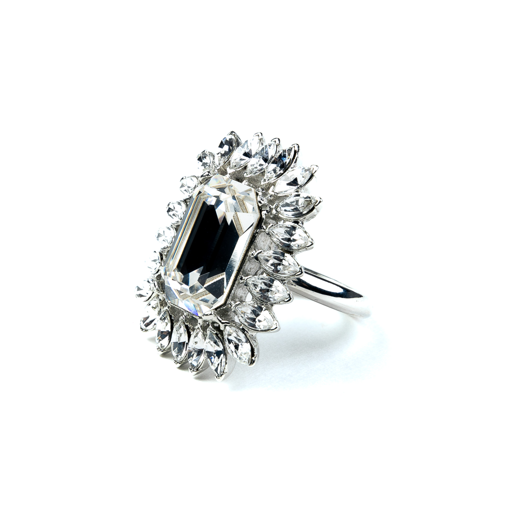 Rhodium and Rhinestone Ring with Crystal Center