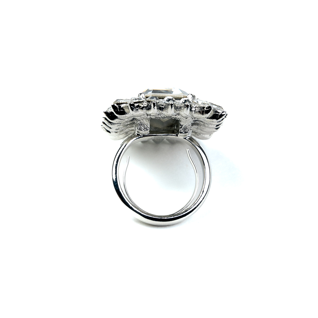 Rhodium and Rhinestone Ring with Crystal Center