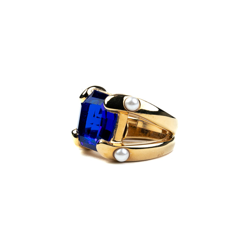 Polished Gold Adjustable Ring with Sapphire Stone Center and Pearls