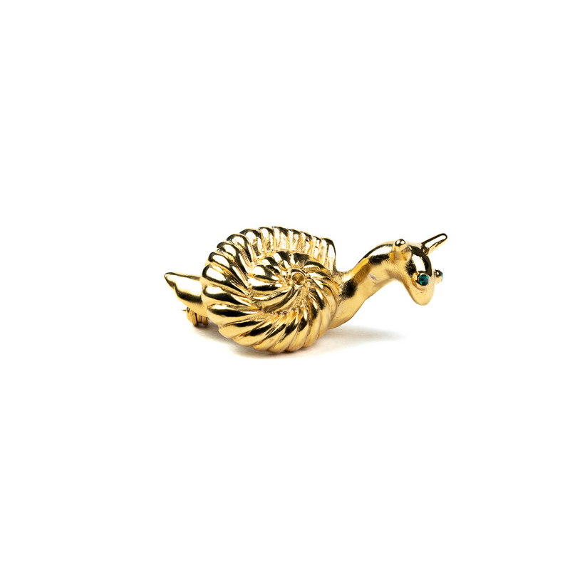 Gold Snail Pin with Emerald Eyes