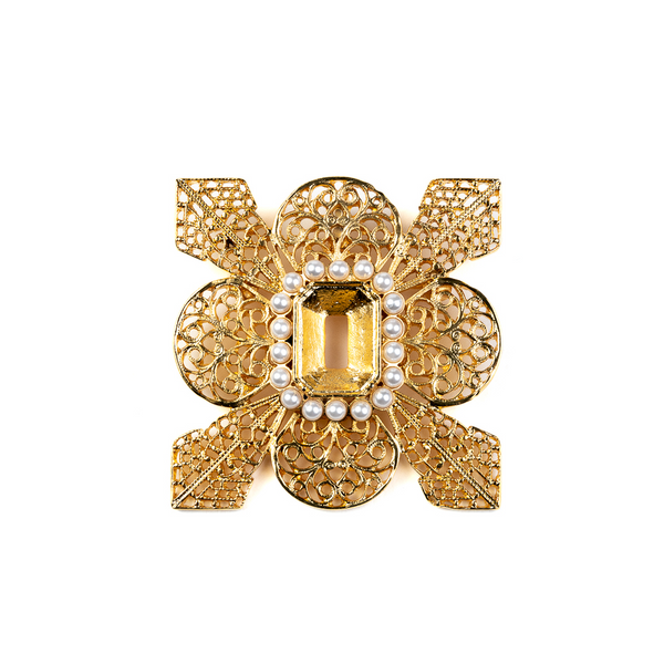 Gold and Pearl Filagree Pin with Crystal Center