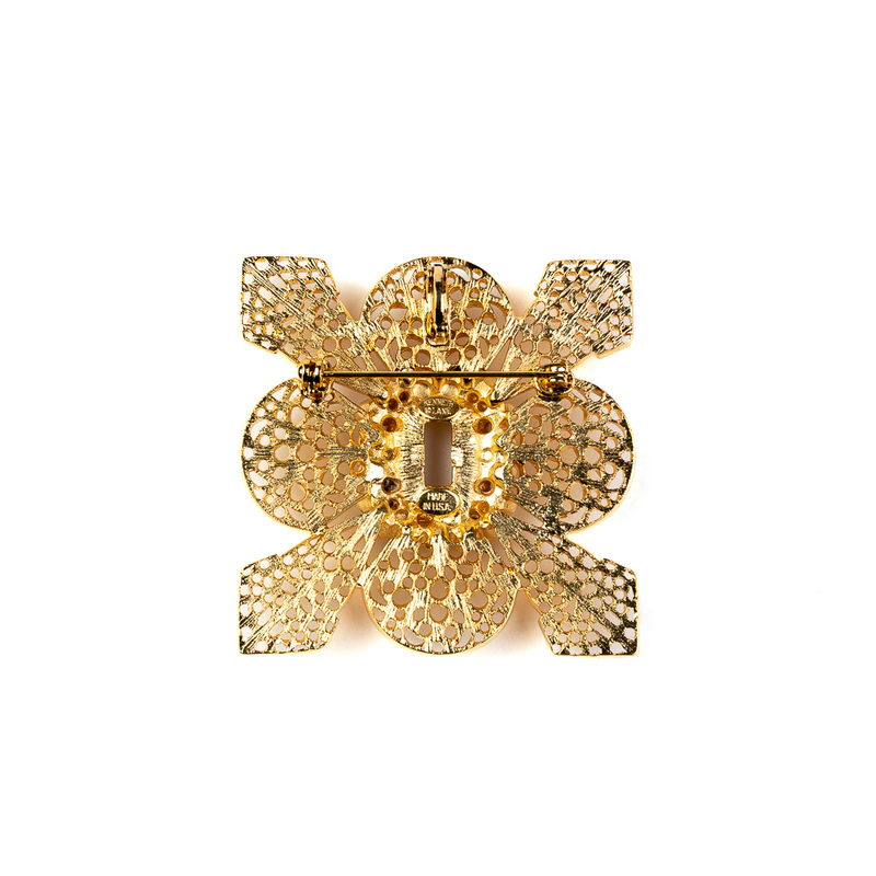 Gold and Pearl Filagree Pin with Crystal Center