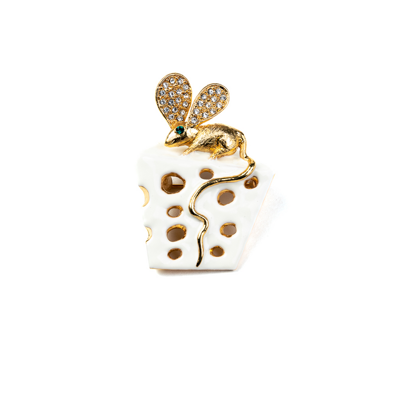 Ivory Enamel Cheese Pin Featuring Gold Mouse with Crystal Ears