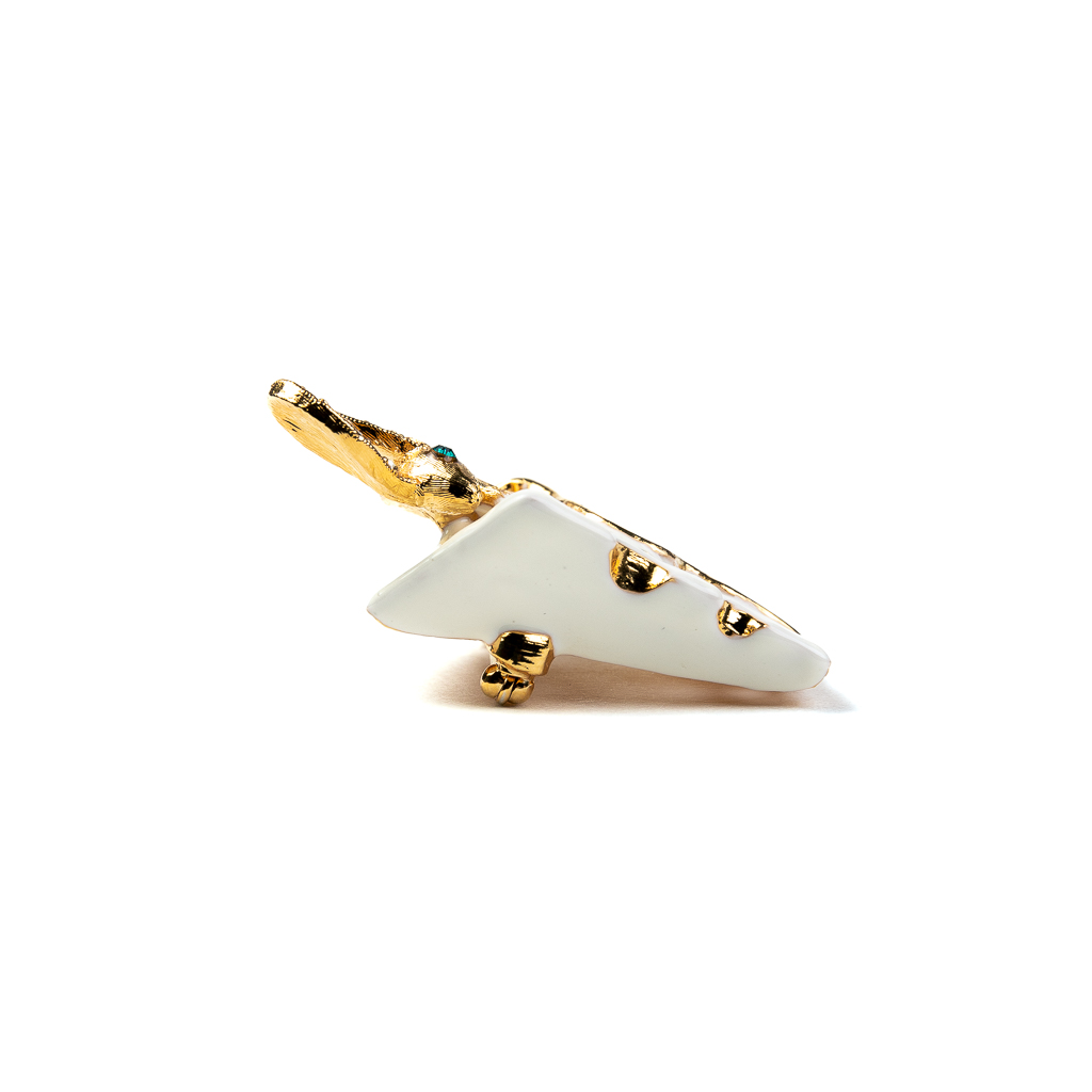 Ivory Enamel Cheese Pin Featuring Gold Mouse with Crystal Ears