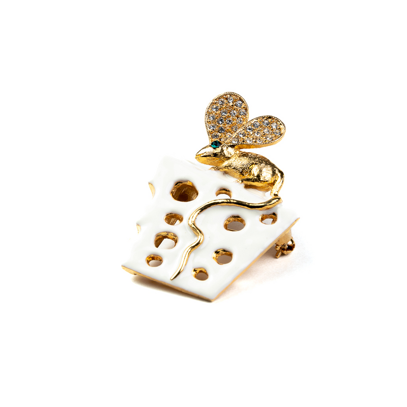 Ivory Enamel Cheese Pin Featuring Gold Mouse with Crystal Ears