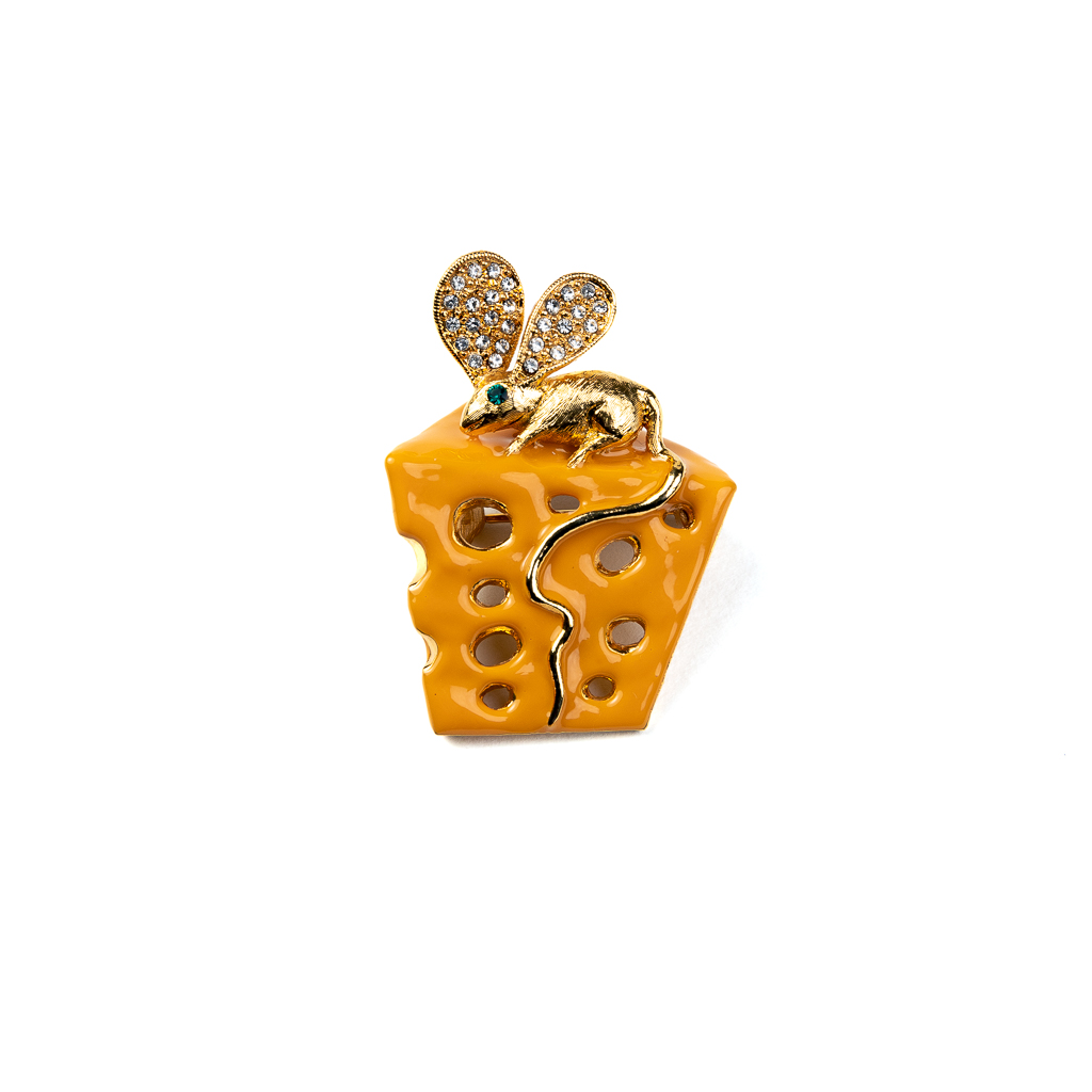 Orange Enamel Cheese Pin featuring Gold Mouse with Crystal Ears