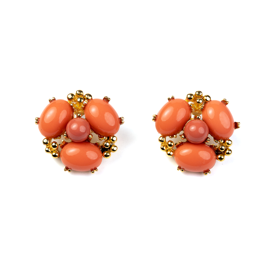 Coral Cabochon Cluster Pierced Earrings