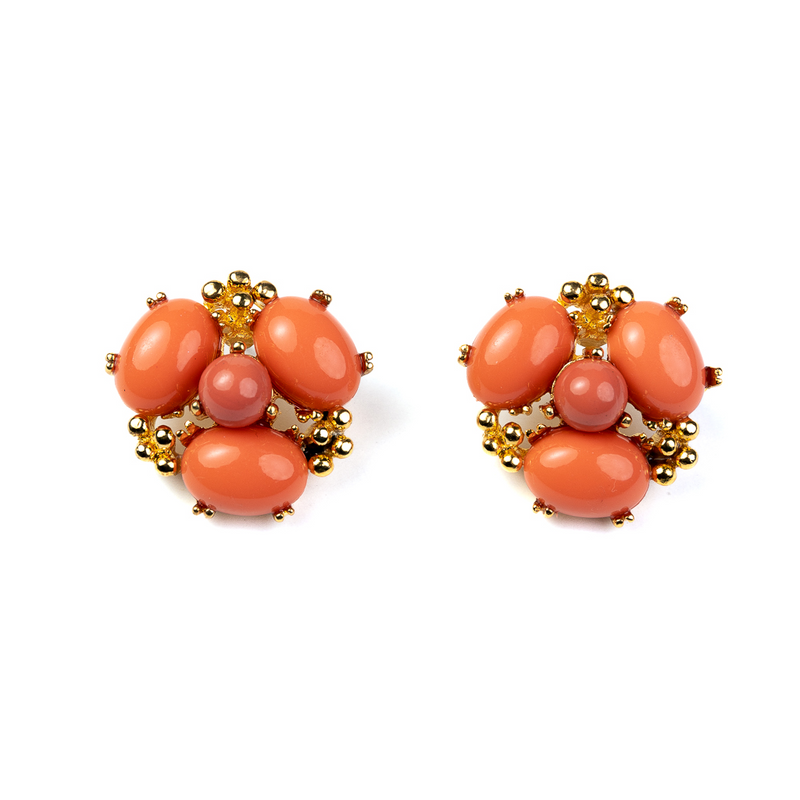 Coral Cabochon Cluster Clip-On Earrings