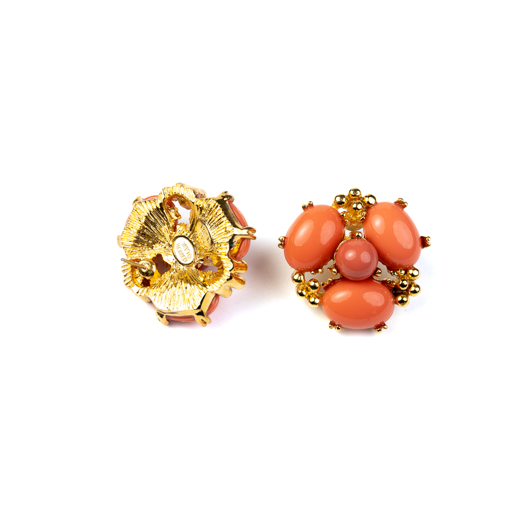 Coral Cabochon Cluster Pierced Earrings