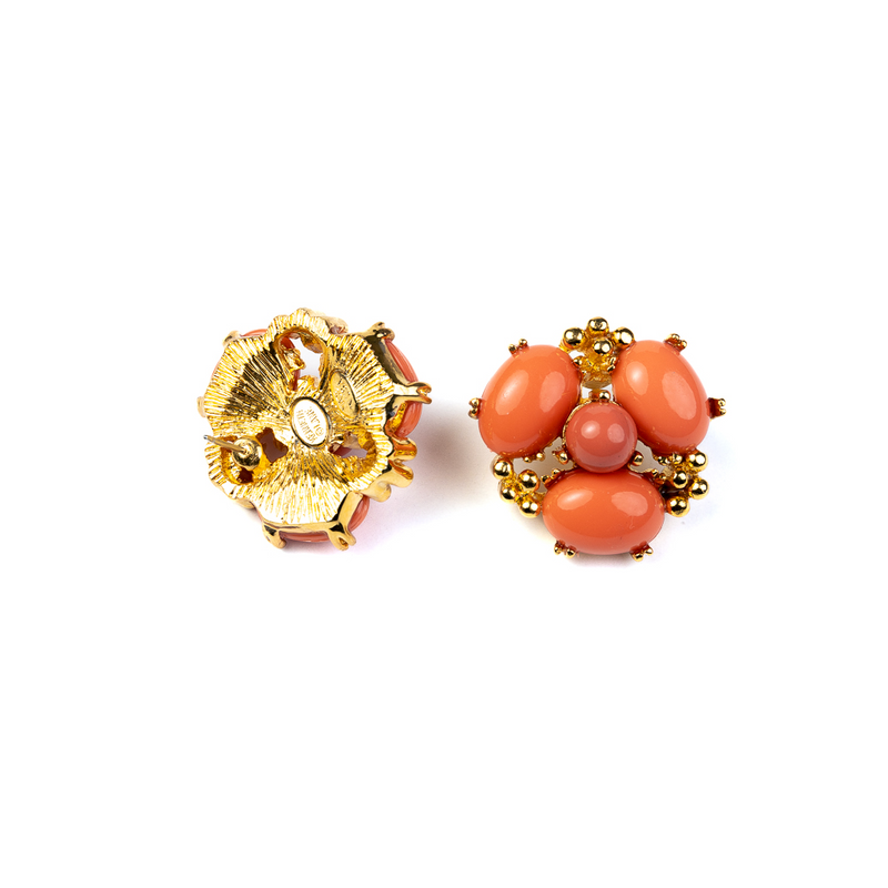 Coral Cabochon Cluster Clip-On Earrings