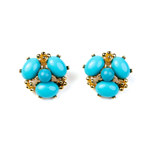 Gold and Turquoise Cabochon Cluster Clip On Earrings