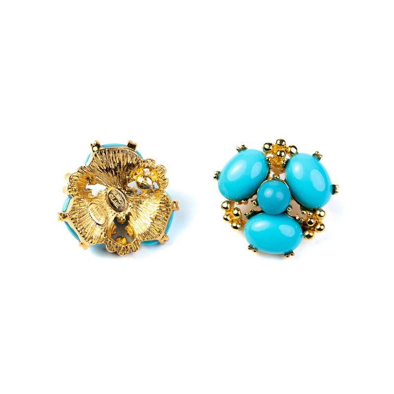 Gold and Turquoise Cabochon Cluster Clip On Earrings