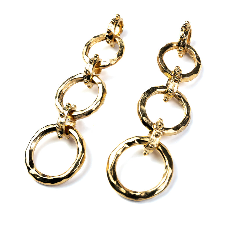 Gold Hammered Circles 3 Drop Earrings