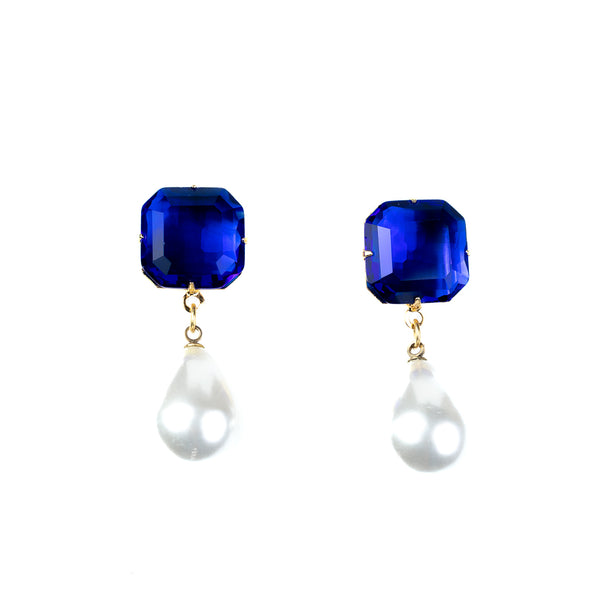 Sapphire Stone Pearl Drop Pierced Earrings