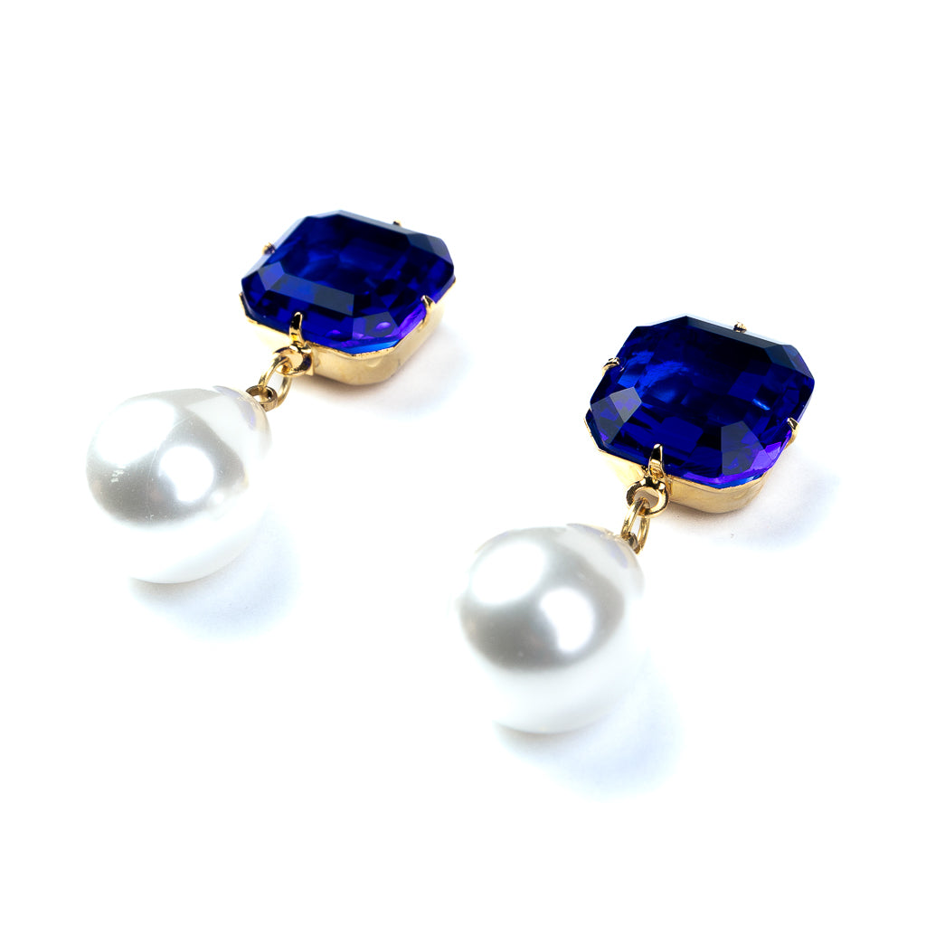 Sapphire Stone Pearl Drop Pierced Earrings