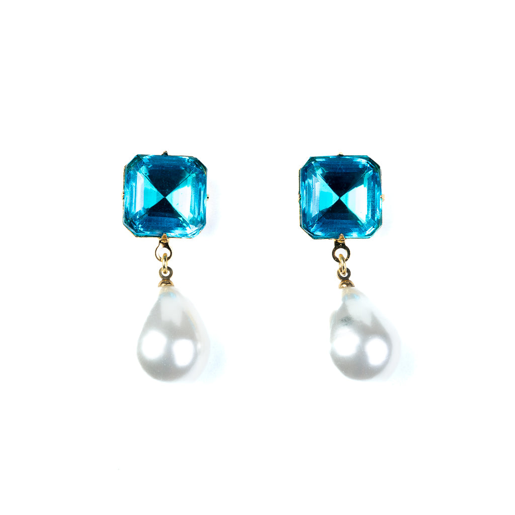 Aqua Stone Pearl Drop Pierced Earrings