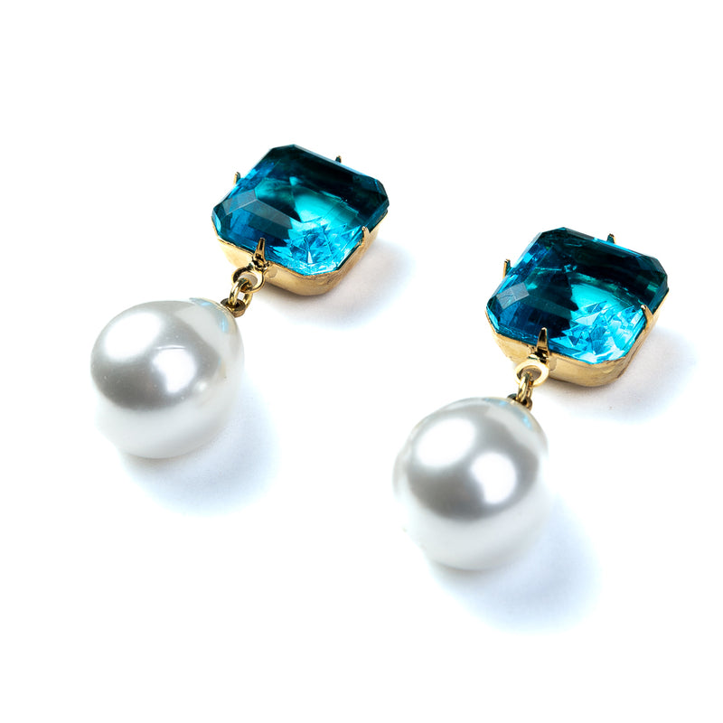 Aqua Stone Pearl Drop Pierced Earrings