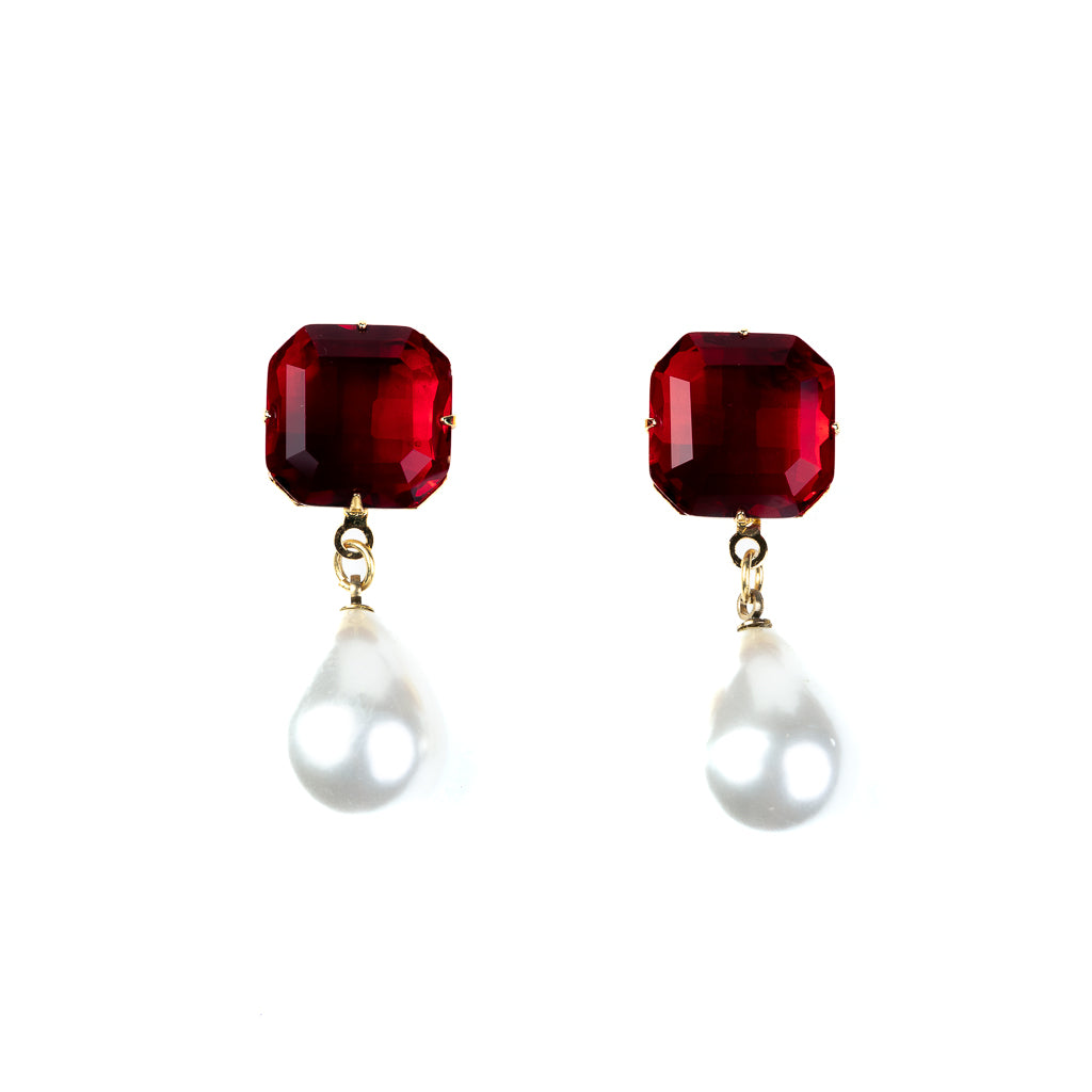 Ruby Stone Pearl Drop Pierced Earrings