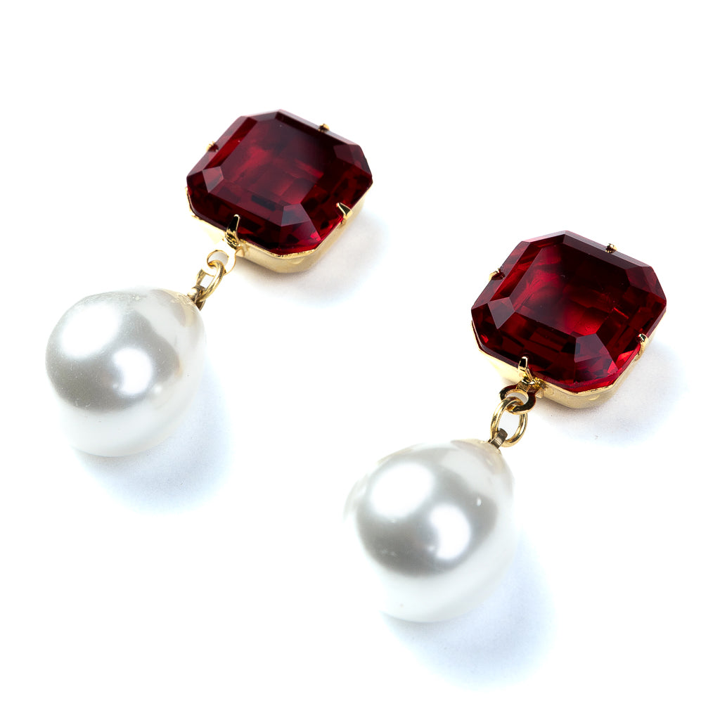 Ruby Stone Pearl Drop Pierced Earrings