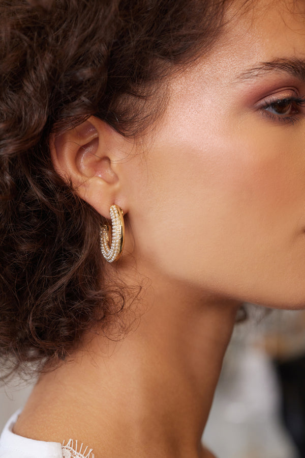 Polished Gold and Pearl Hoop Earring