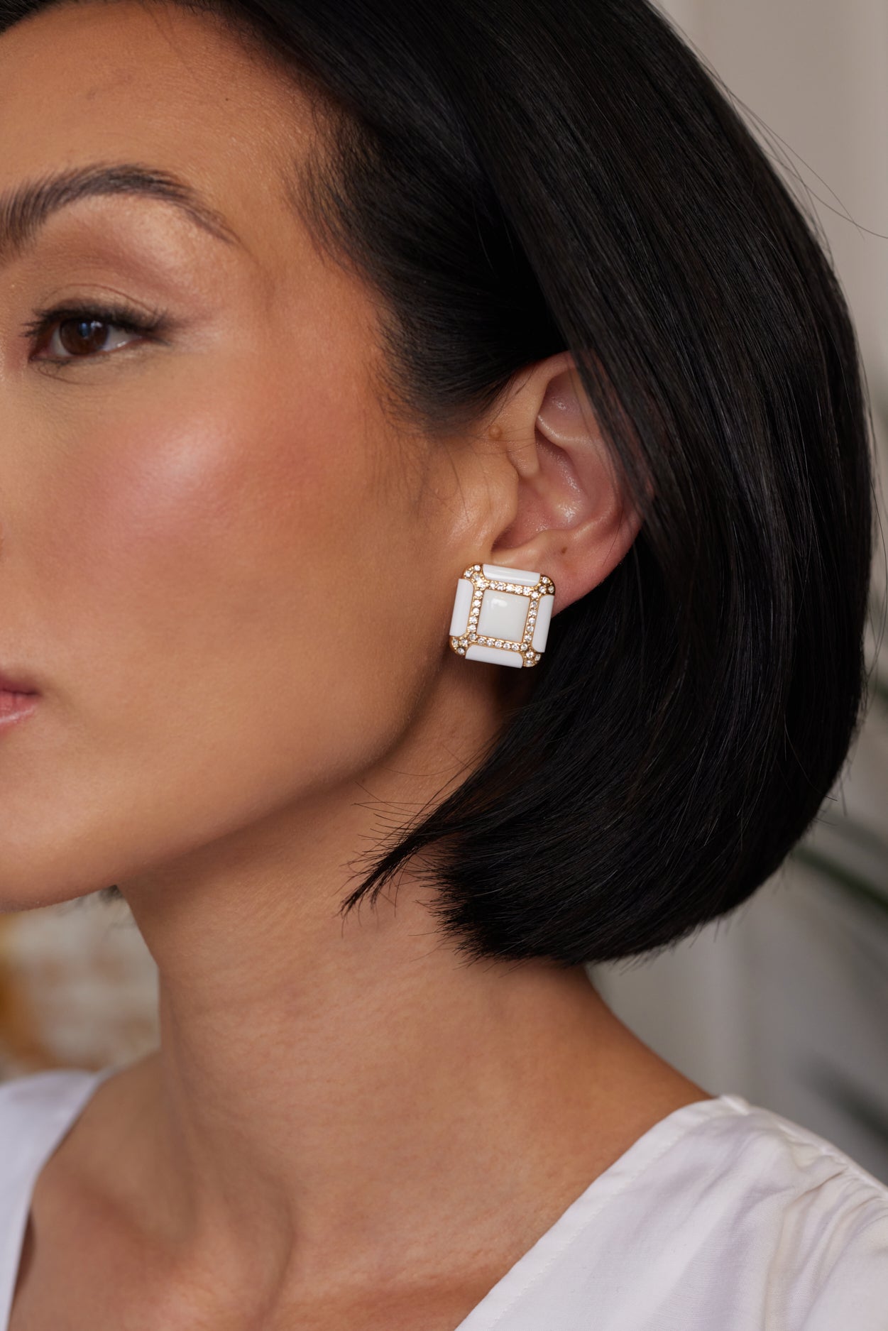 White Square Clip Earrings