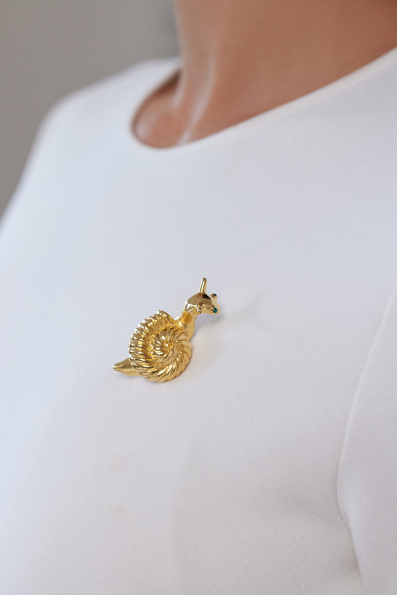 Gold Snail Pin with Emerald Eyes