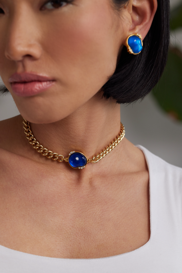 Gold Chain Extender Choker with Sapphire Nugget and Crystals