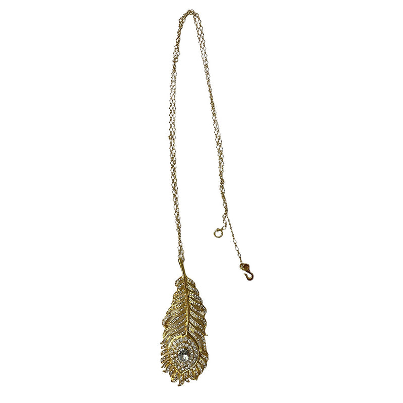 Gold-Plated Feather Pendant with Crystal Stone Necklace