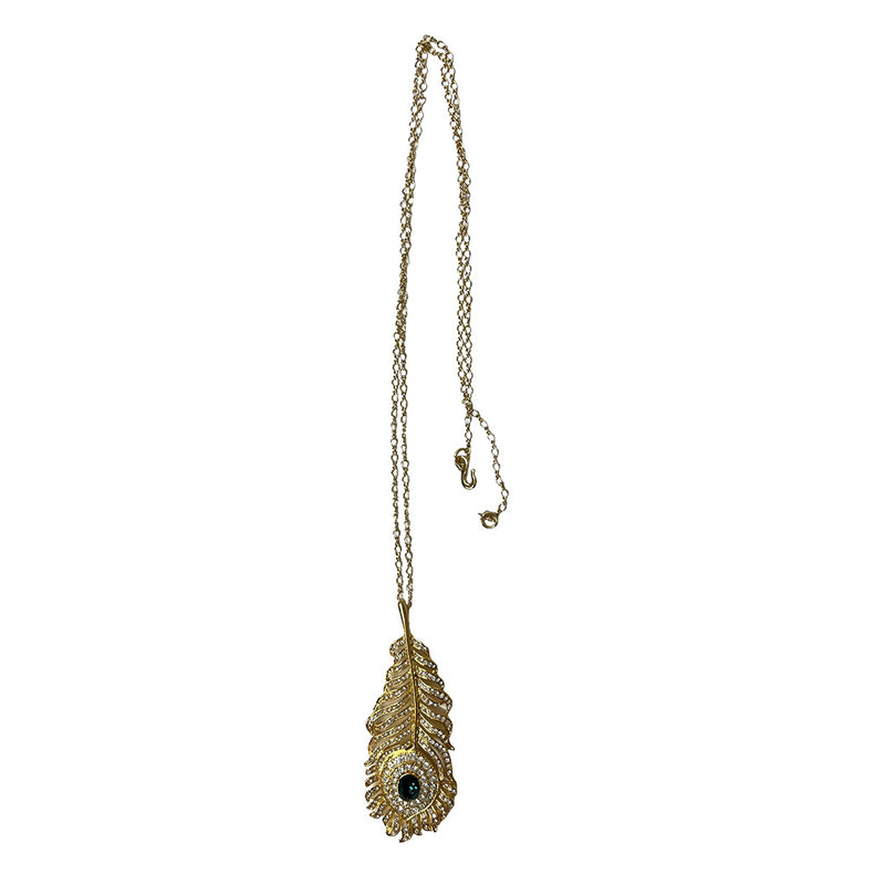 Gold Feather Pendant Necklace with Emerald Stone