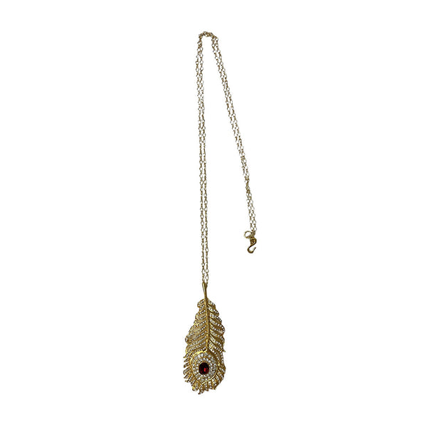 Gold Feather Pendant Necklace with Ruby Stone