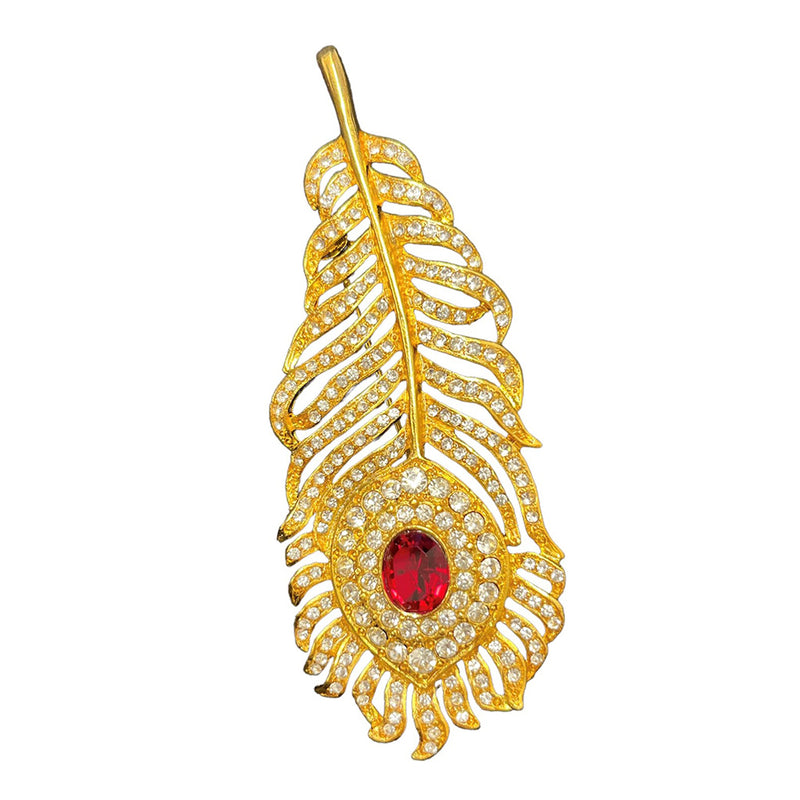 Gold Feather Ruby Stone Brooch