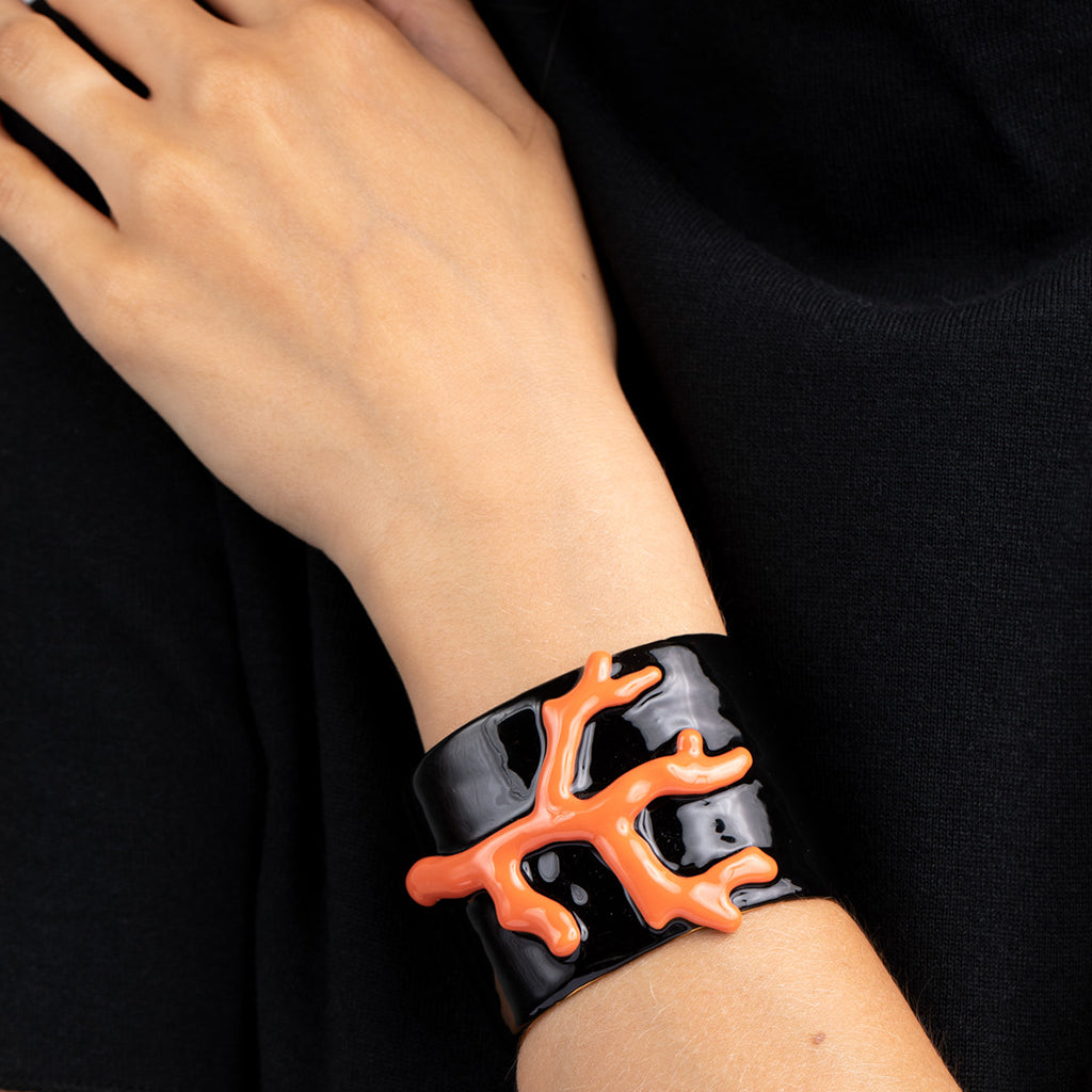 Black Enamel and Coral Branch Cuff Bracelet