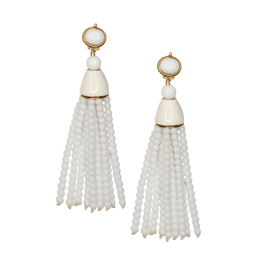 White Beaded Tassel Earrings