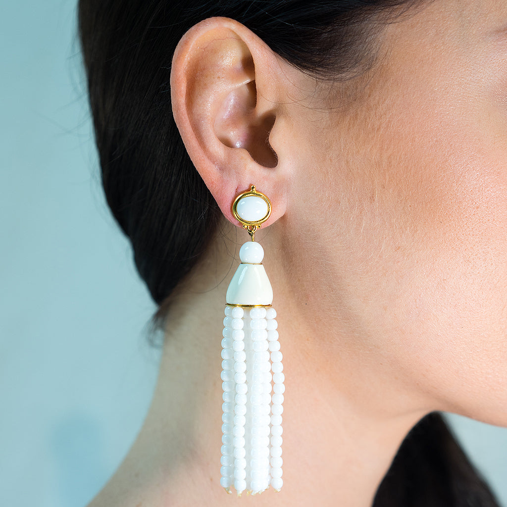 White Beaded Tassel Earrings