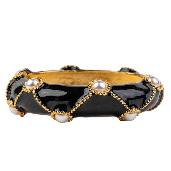 Black Bracelet with Pearl Cabochons