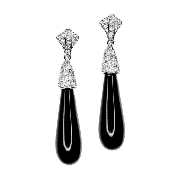Black Art Deco Pierced Or Clip Earrings