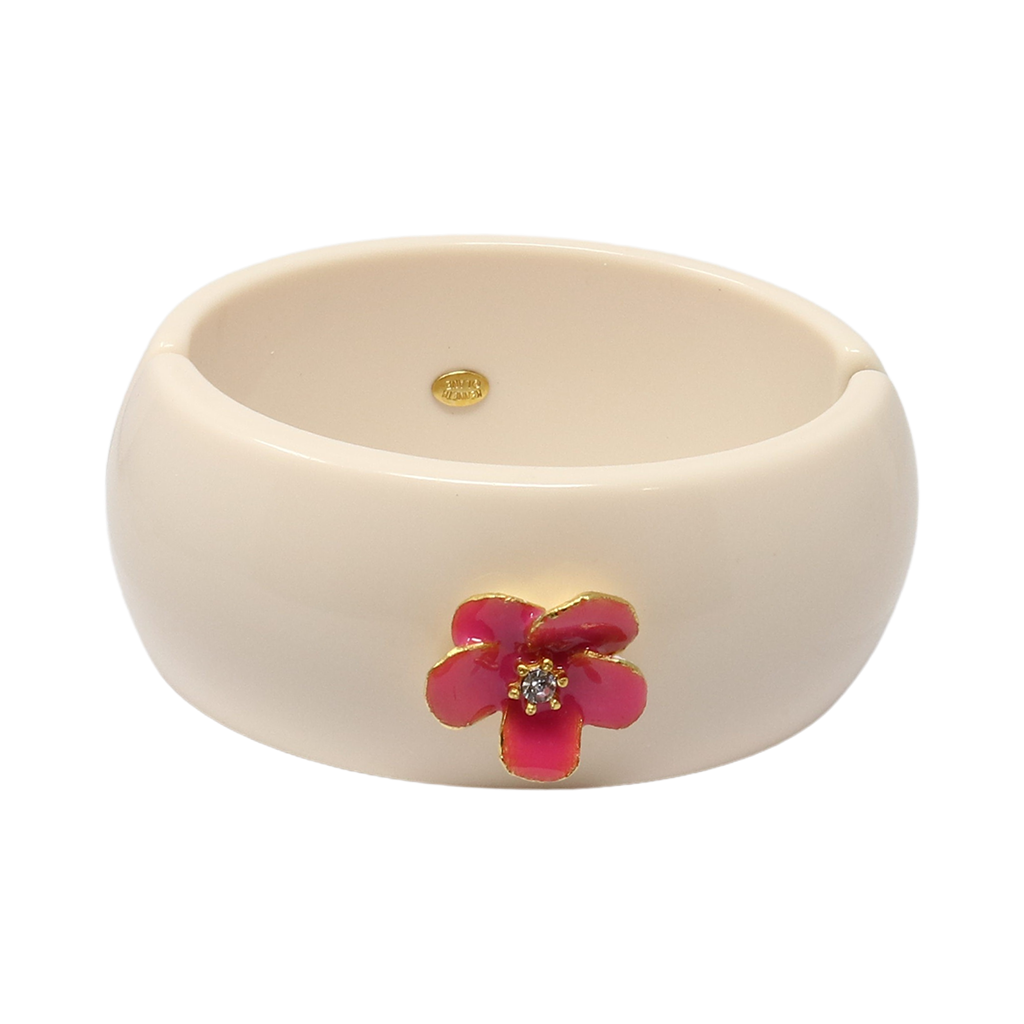 Gold Pink Enamel Flower Cuff by Kenneth Jay Lane Luxurious gold pink enamel flower cuff Flower inspired cuff Pink enamel flower with gold details Perfect for any outfit A must-have for any jewelry collection Shop this flower cuff today and add a touch of luxury to your look