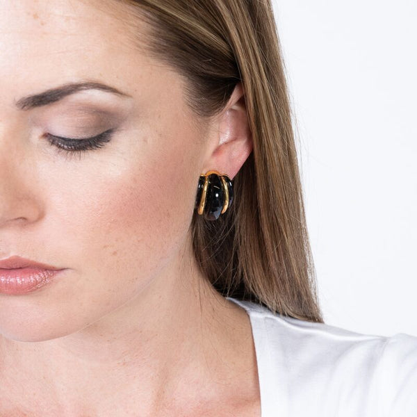 Gold Double Ribbed Black Domed Hoop Clip Earrings