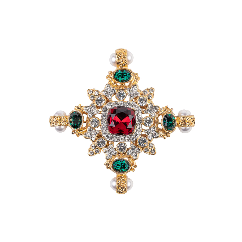 Kenneth Jay Lane 2.5x2.5 Gold with Emerald Side Stones, Ruby Center Crystals and Pearl Ends Maltese Cross Pin Pendant. A stunning gold pendant featuring emerald side stones, a ruby center crystal, and pearl ends. Perfect for everyday wear or special occasions.