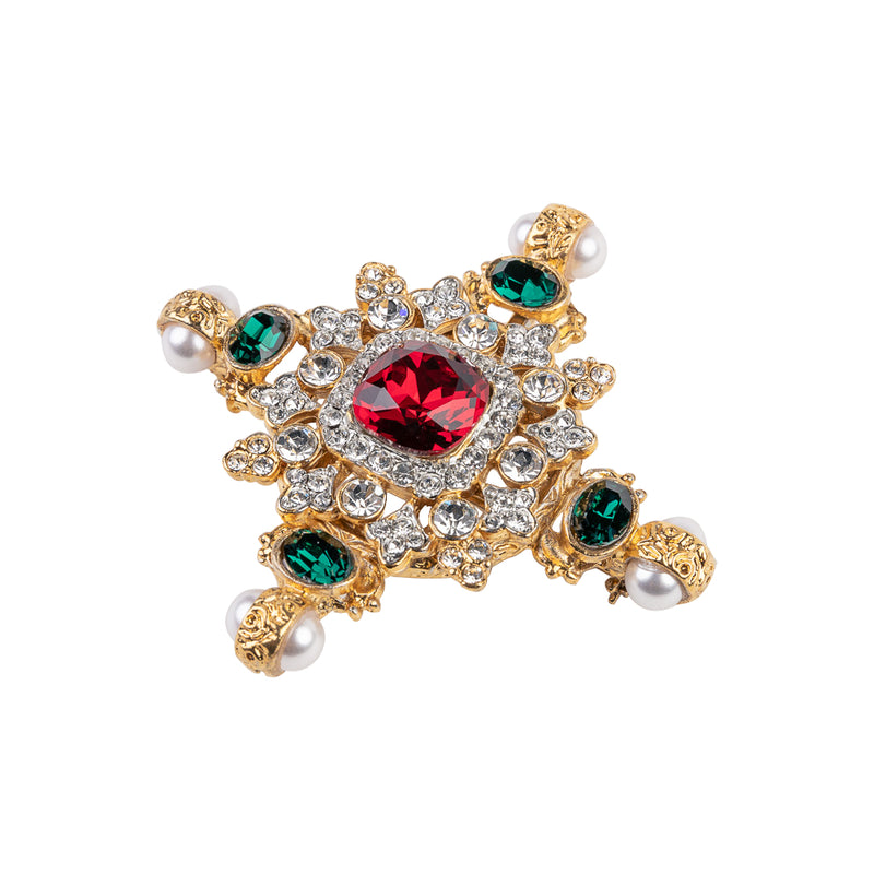 Kenneth Jay Lane 2.5x2.5 Gold with Emerald Side Stones, Ruby Center Crystals and Pearl Ends Maltese Cross Pin Pendant. A stunning gold pendant featuring emerald side stones, a ruby center crystal, and pearl ends. Perfect for everyday wear or special occasions.