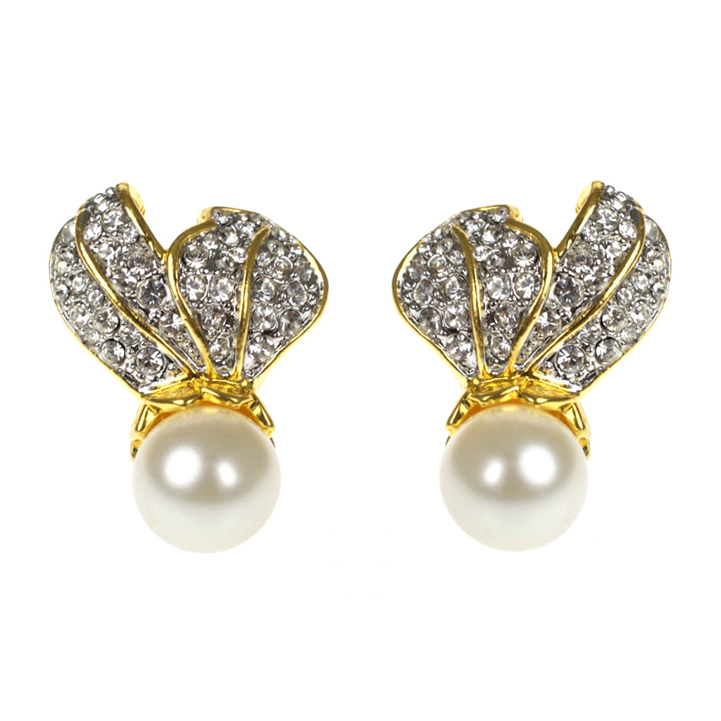 Crystal Leaf Top With Pearl Bottom Clip Earrings